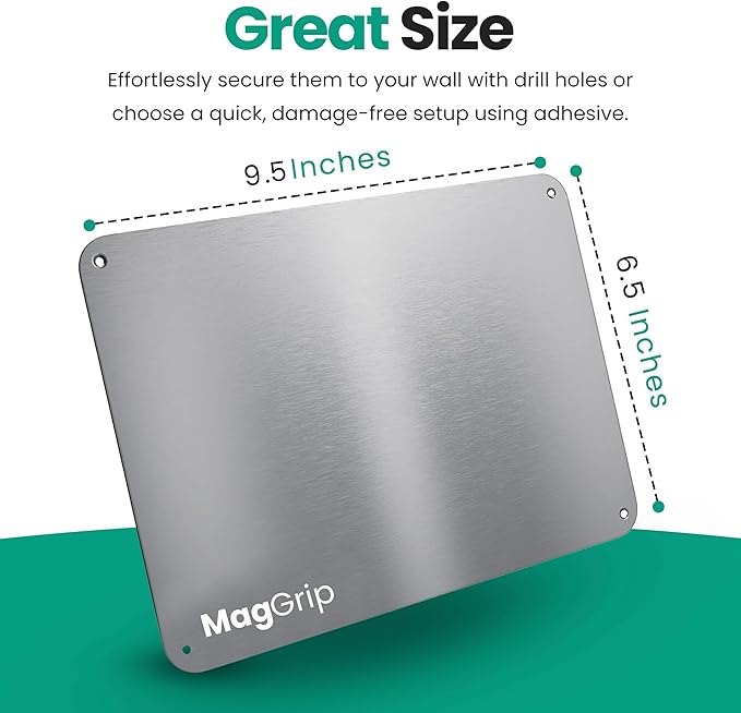 9 inches x 6.5 inches Stainless Steel Plate for Magnets, 3M Adhesive Back, Mounting Screws, Ideal for Magnetic Shelf, Spice Holders, Fridge Magnets. Mount Anywhere! (Silver, 2 Pack)