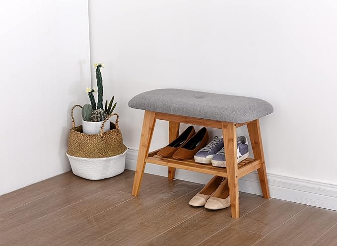 Shoe Rack Bench, Bamboo Entryway Bench, Organizer with 2 Tier Storage, Simple Style, Good Load Bearing, Ideal for Entryway Hallway Living Room,(Nature,23.6'')-NeatNest