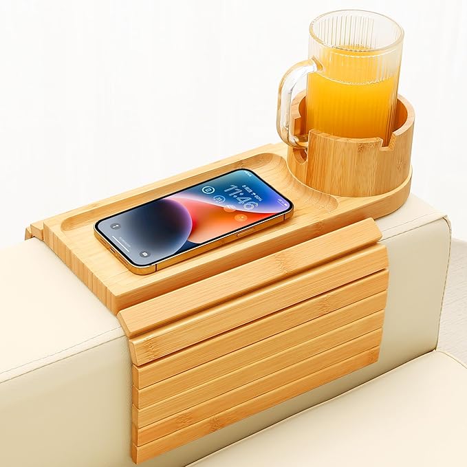 Couch Cup Holder Tray, 15.75" Bamboo Cup Holder for Couch, 3 in 1 Foldable Arm Chair Clip on Side Tray Table for Remote Snack Table on Armrest-NeatNest