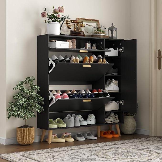 Shoe Storage Cabinets, 16 Pairs Free Standing Shoe Organizer with 2 Flip Drawers for Entryway, Narrow 3 Tier Entryway Hidden Shoe Rack with Doors (Upgraded Black)-NeatNest
