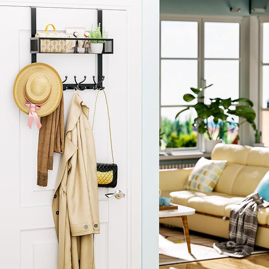 Consumest Over The Door Hooks Organizer - Over Door Hanger with 16 Hooks & 2 Baskets for Hanging Coat, Clothing, Towel, Back Storage for Bathroom, Closet, College Dorm, Black-NeatNest