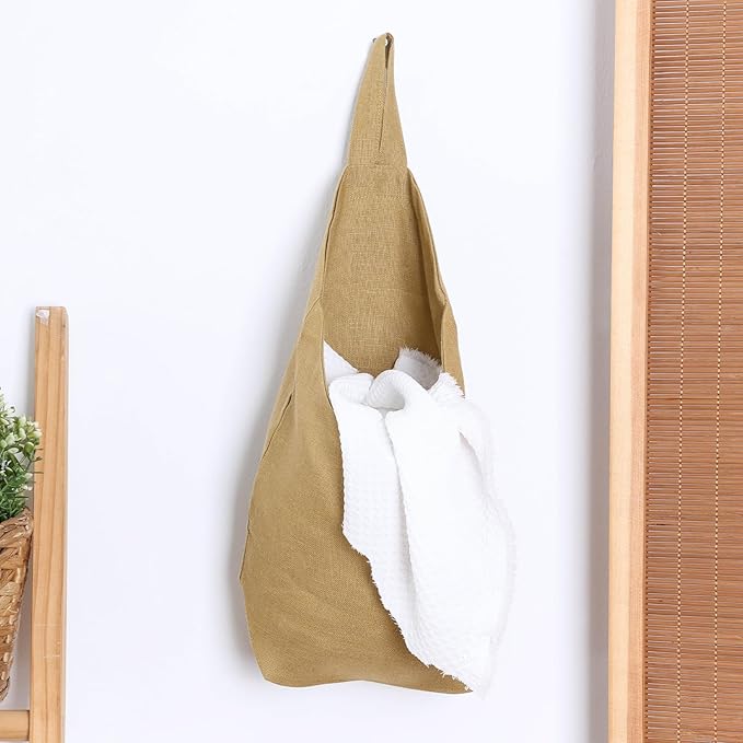 100% Linen Hanging Storage Bags Baskets 2 Pcs, Small Wall Storage Bag for Kitchen, Bedroom, RV Camper Organizer, Sewing Room, Nursery Storage, Kids Room, Dark Yellow