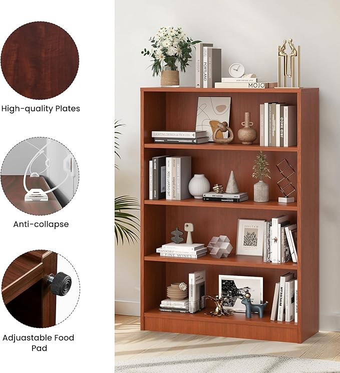 Farini 48 Inch Tall 4-Shelf Bookcase, Wood Bookshelf Storage Organizer Adjustable Shelf for Home Office, Study Room, Easy Assembly,Cherry