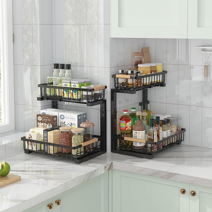 ADRIMER Under Sink Organizer 2 Packs, Pull Out Kitchen Sink Organizer, 2 Tier Slide Out Kitchen Organizers and Storage Bathroom Under Cabinet Storage Shelf, Black-NeatNest
