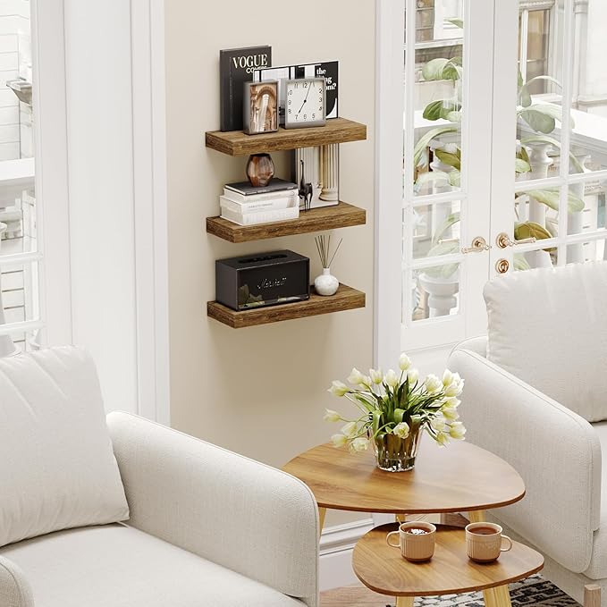 BAMEOS Floating Shelves, 16x6 Wall Mounted Wooden Shelves with Invisible Brackets Set of 3, Hanging Wall Shelves Decoration for Bedroom, Bathroom, Living Room and Kitchen-NeatNest