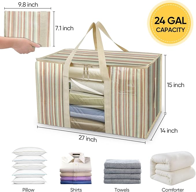BALEINE 2-Pack Oversized Moving Bags with Reinforced Handles, Heavy-Duty Storage Tote for Clothes, Moving Supplies (Color Stripe with Window, 2-Pack)-NeatNest