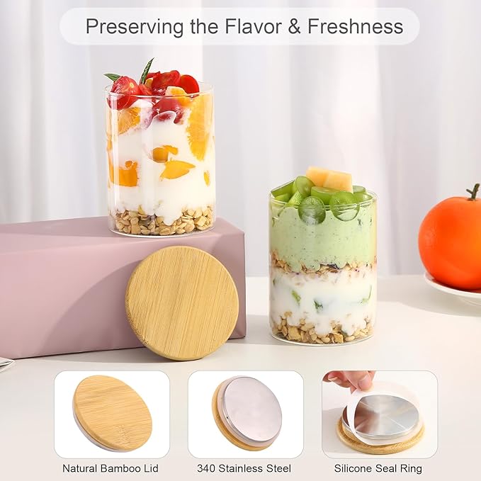 4 Pack Overnight Oats Containers with Bamboo Lids,16 Oz Glass Jars with Airtight Lids for Oats, Cereal, Yogurt, Chia Seed Pudding.Salad Jars Meal Prep