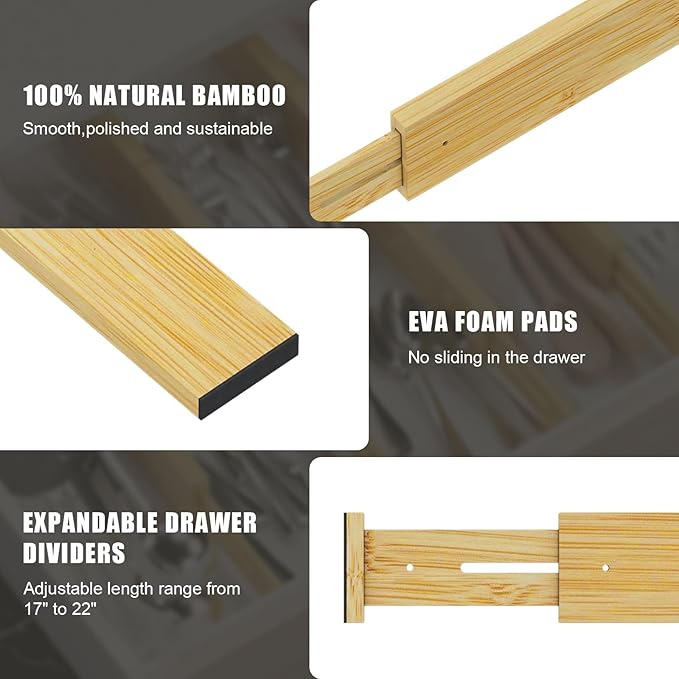 Bamboo Drawer Dividers,17-22" Adjustable Kitchen Drawer Organizer for Clothes,8 Pack Expandable Drawer Organization Separators for Bedroom,Bathroom,Dresser and Office,Natural-NeatNest
