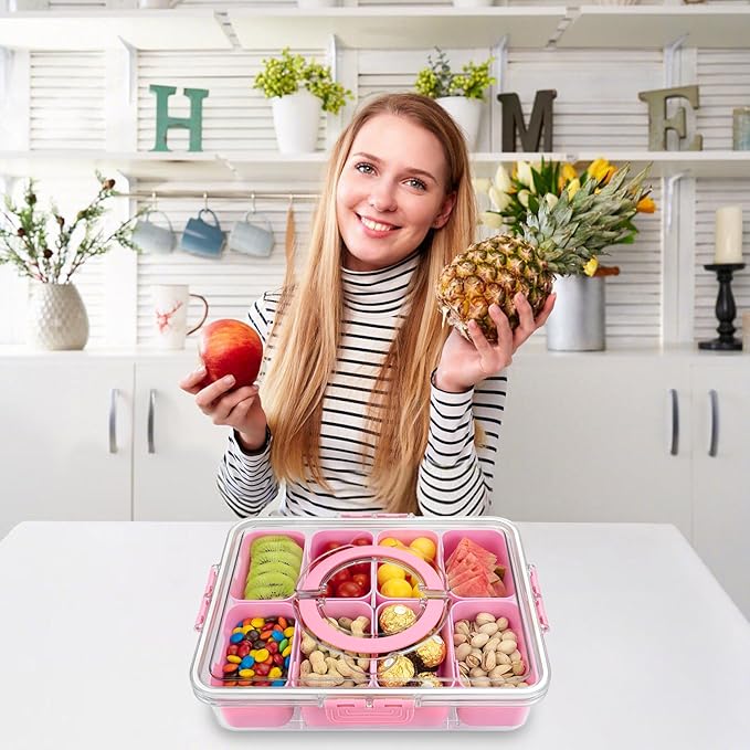 Divided Serving Tray with Lid and Handle,8 Compartments Snacks Box,Snack Fruit Tray,Veggie Tray,Portable Platter for Candy Fruits Nuts Snack Party Entertaining Picnic (2PCS Pink)-NeatNest