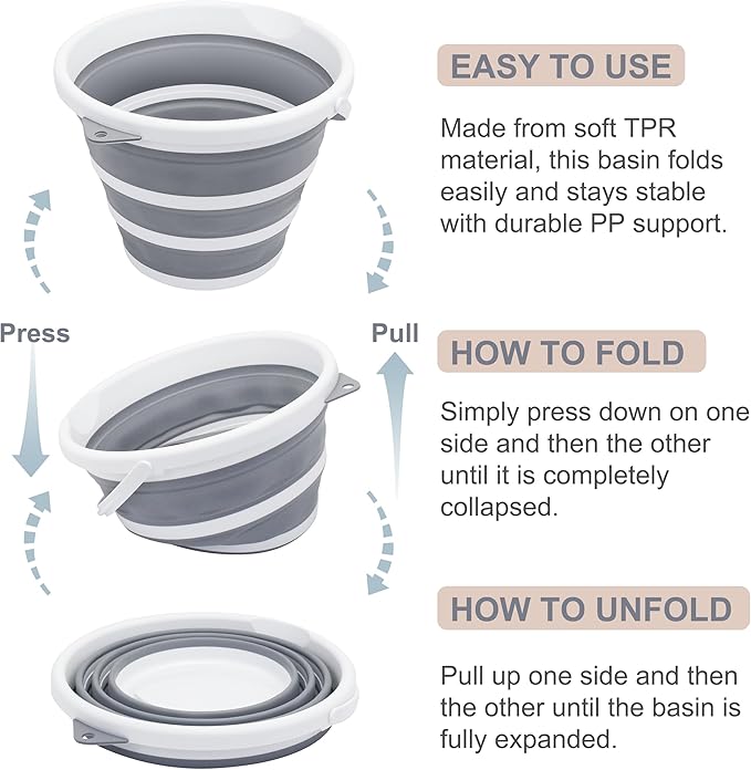 2-Pack Collapsible Bucket 2.6 Gal/10L, BPA-Free - Space-Saving, Portable Foldable Water Pail for Versatile Use, Home, Outdoors, Car Wash, Camping, Fishing - Grey
