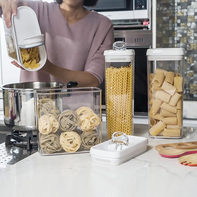 Felli Flip Tite TALL Storage Container with Lid 4" Air Tight Easy Open Ring Top, Clear Acrylic Skinny Canister Jar for Spaghetti Lasagna Fettuccine Noodle, Kitchen Cupboard Pantry Organizer (2.0 qt)-NeatNest