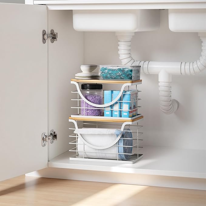 Extra Large Trash Bag Holder Stackable Kitchen Storage White, 2 Pack Wall Mounted Pantry Organizers and Storage with Bamboo Top, Garbage Bag Dispenser Under Sink for Laundry Room and Kitchen-NeatNest