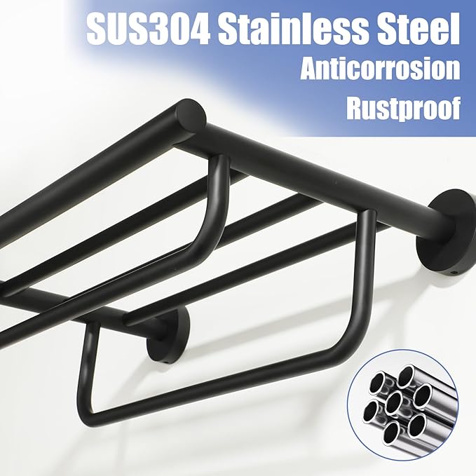 Alise Towel Rack for Bathroom Lavatory,Towel Holder Towel Shelf with Double Towel Bars Wall Mount,SUS 304 Stainless Steel Towel Hanger Storage 16 Inch,Matte Black GYT7040-B
