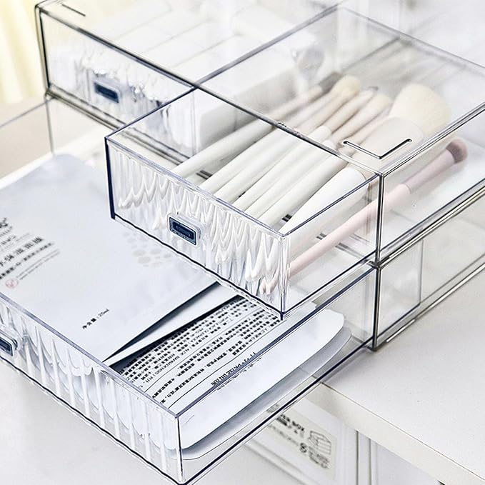 Desk Drawer Organizer, Stackable Office Supplies Desk Organizer, Plastic Plastic Storage Drawer, Desk Grocery Organizer For Stationery/Office Supplies (Clear, 2-Compartment)-NeatNest