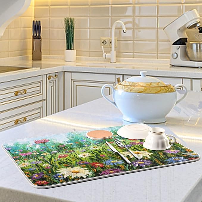 Absorbent Dish Drying Mat for Kitchen Counter - Oil Painting Flowers Microfiber Drying Pad, Reversible Drainer Mats for Countertop, Large 18" x 24"