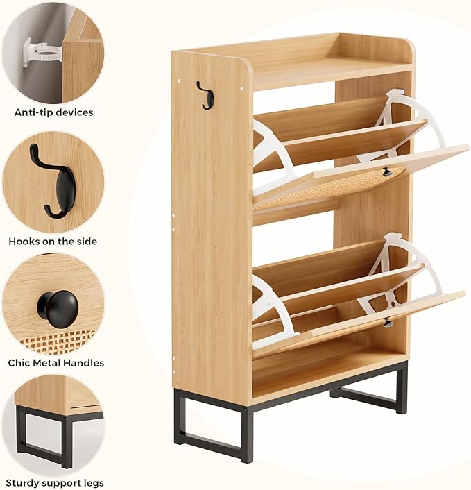 Shoe Cabinet with 2 Flip Drawers, Natural Rattan Freestanding Shoe Cabinet Storage for Entryway, Slim Shoes Organizer with Metal Legs, Narrow Shoe Rack Cabinet for Hallway (2 Flip Drawers, WOOD)-NeatNest