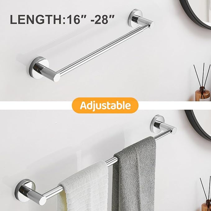 BESy Adjustable 15.9 to 28.6 Inch Single Bath Towel Bar Rack for Bathroom Accessories SUS304 Stainless Steel Towel Holder, Wall Mount with Screws Hand Towel Bar Rod Hotel Style, Polished Chrome-NeatNest