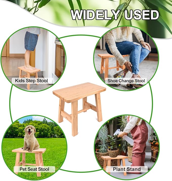 Bamboo Step Stool for Kids Adults Bathroom, 10 Inch One Step Stool You Can Sit On for Bedroom and Kitchen (Medium).
