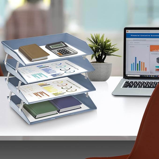 Acrimet Facility 4 Tier Letter Tray, Side Load, Letter Size/A4, Desktop File Organizer, Plastic (Solid Blue)-NeatNest