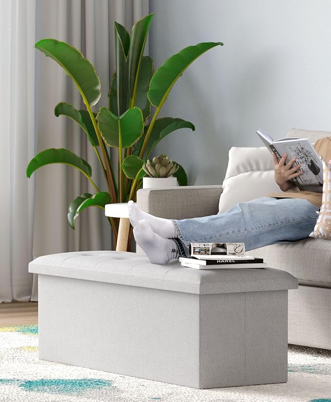 Folding Storage Ottoman Bench, Multi-Functional Ottoman Footrest, End of Bed Bench, Storage Chest for Living Room, Bedroom, Hallway, Entryway, Holds Up to 700 lbs (Light Gray, 43 Inches)
