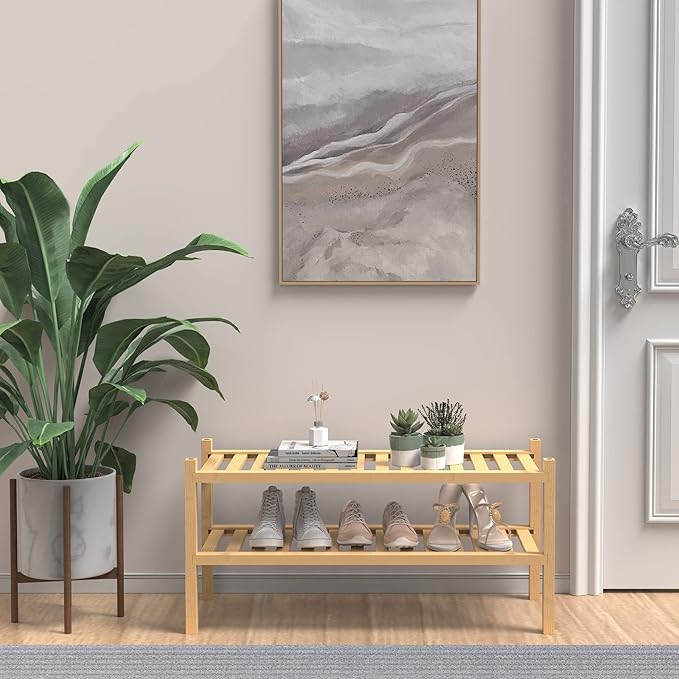 (Thick Bamboo Shoe Rack for Entryway, 2-Tier Free Standing Shoe Racks Stackable Shoe Rack Organizer for Hallway Closet Living Room 27 x12 x14 Inches-NeatNest