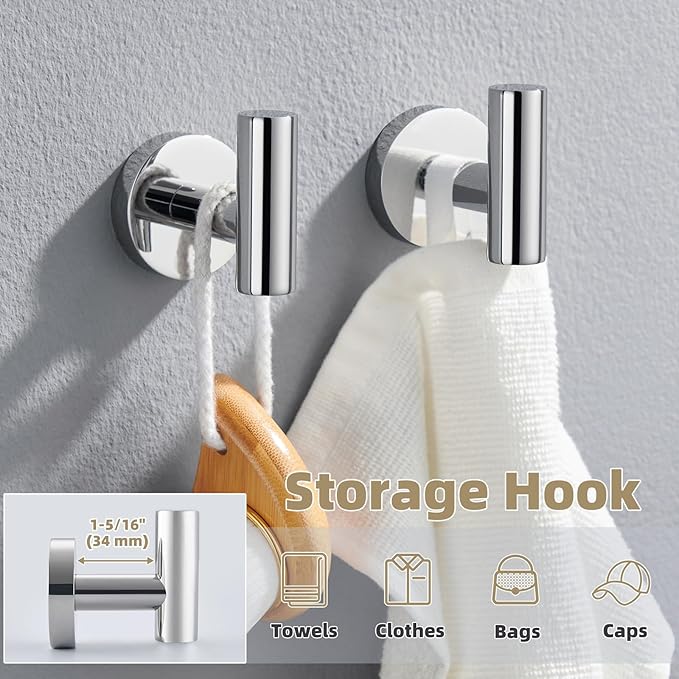 APLusee Polished Chrome Round Coat Hook 2 Pack, 304 Stainless Steel Bathroom Towel Hook, Wall Mounted