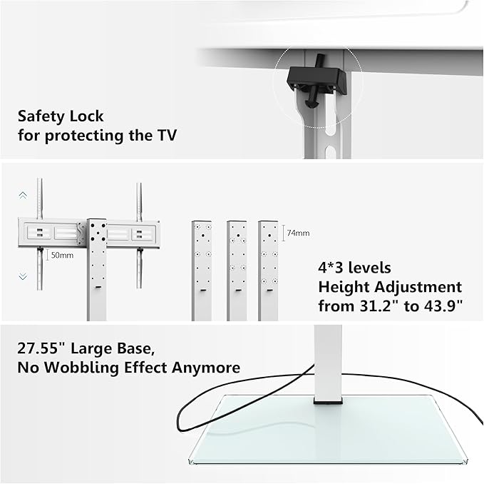 FITUEYES Universal TV Stand with Power Outlets for 50-85 inch TVs, Swivel&Height Adjustable Tall TV Stand for Bedroom Living Room, 27.5''Large Tempered Glass Base Holds up to 143 lbs, Ivory White