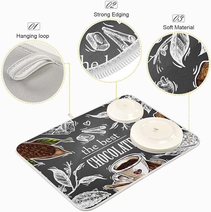 Absorbent Dish Drying Mat for Kitchen Counter - Coffee the Best Chocolate Microfiber Drying Pad, Reversible Drainer Mats for Countertop, Large 18" x 24"