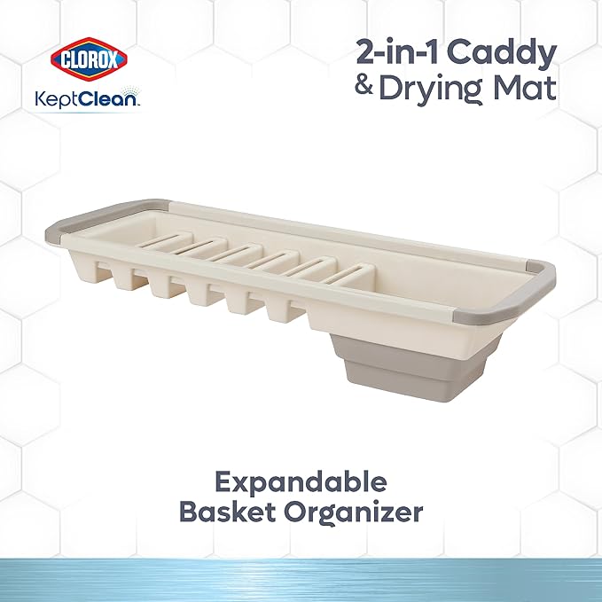 Clorox KeptClean 2-Piece Folding Kitchen Sink Mat and Sink Organizer – Folding Mat for Elevated Drying and Storage, Extending Organizer Dries 6 Plates, Flips to Dry Accessories – Almond Cream