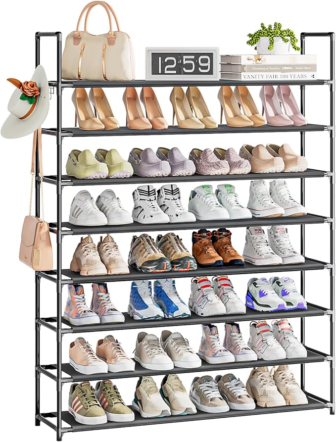 8 Tier Shoe Organizer, 33.3in Wide x 11.2in Deep x 55.7in Tall, Black Metal and Plastic Shoe Rack, Holds up to 32-40 Pairs of Shoes-NeatNest