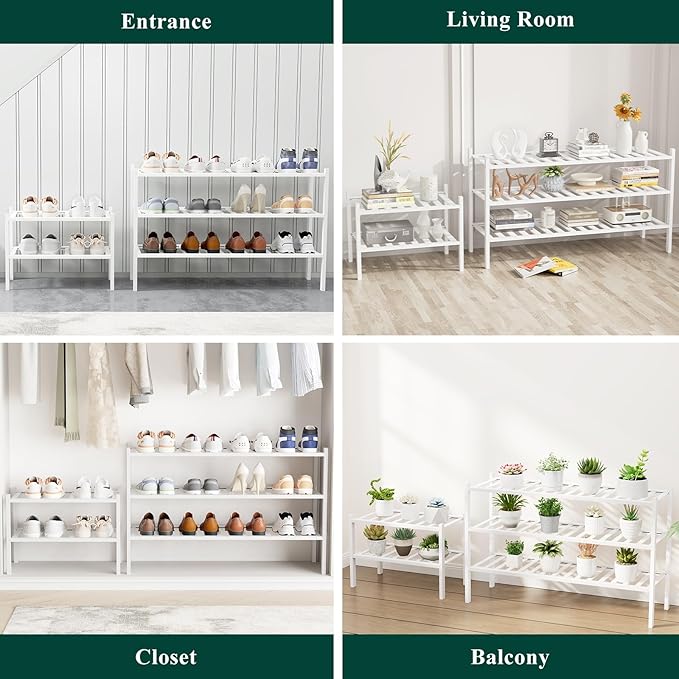 Smiry Shoe Rack, 3 Tier Long Bamboo Shoe Organizer, Stackable Free Standing Wooden Shoe Storage Shelf for Closet, Entryway, Front Door Entrance, White-NeatNest