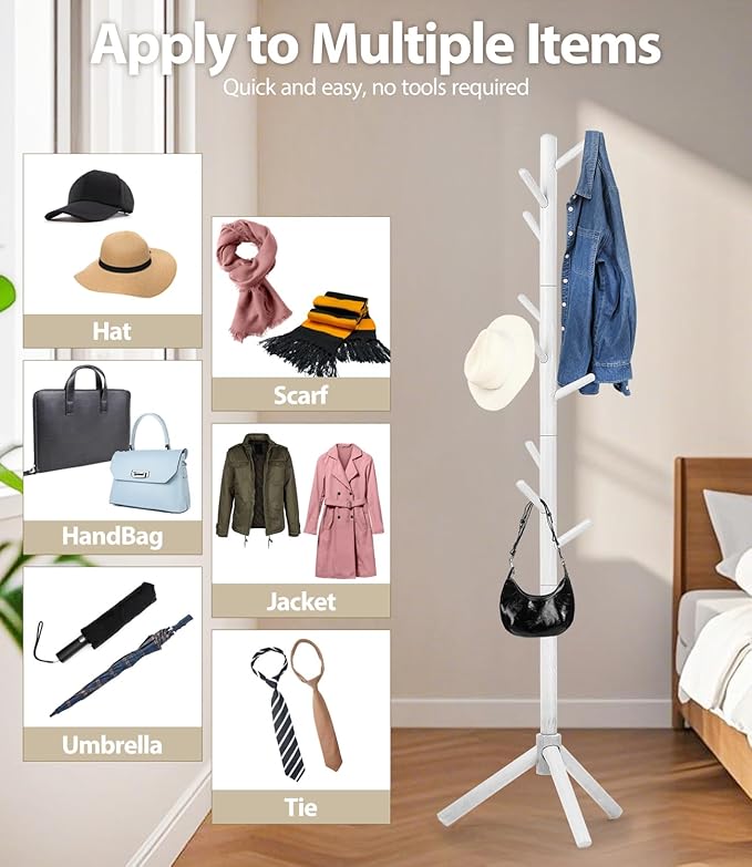 Beech Wood Coat Rack Stand with 9 Hooks, 3 Height Adjustable, simple Freestanding Solid Wooden Coat Tree Hanger for Clothes, Hats, Scarves, bags, Jackets, Bedroom, livingromm, Office(White)-NeatNest
