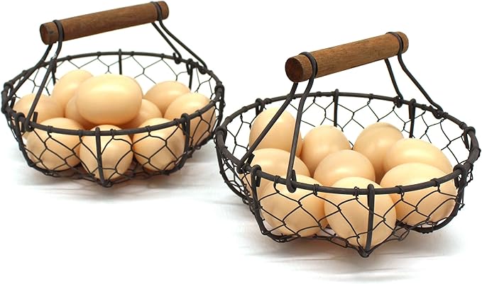CVHOMEDECO. Chicken Wire Egg Baskets Rust Gathering Baskets with Wooden Handle Country Vintage Style Storage Baskets. Set of 2 (Round)-NeatNest