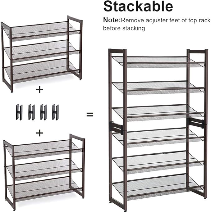 SONGMICS Shoe Rack, 6-Tier Shoe Organizer, Metal Rack for Garage, Set of 2, 3-Tier Stackable Shelf, with Adjustable Flat or Angled Shelves, 18-24 Pairs, Bronze ULMR03A-2-NeatNest