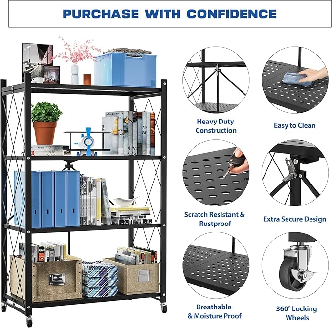 4-Tier Foldable Storage Shelf with Wheels – Heavy Duty Metal Collapsible Rolling Cart for Kitchen, Pantry, Closet, Office & Bathroom Organization, No-Assembly Storage Rack – Black Metal Shelf