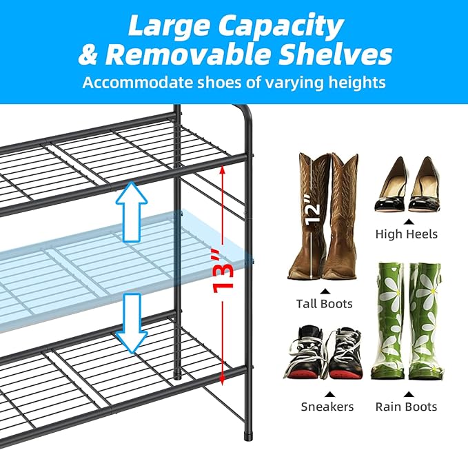 3 Tier Shoe Rack for Closet, 46.5 Inch Extra Long Shoe Storage Organizer for Shelves, Heavy Duty Metal, Easy Assembly, Black-NeatNest
