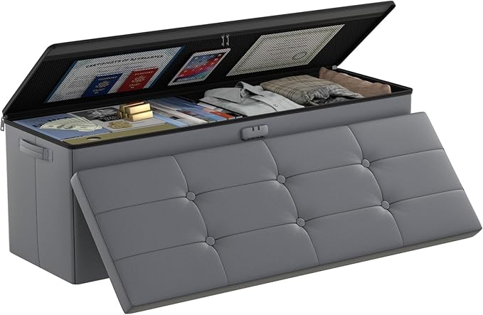 DocSafe Storage Ottoman Bench, Fireproof&Waterproof Folding Bench with Lock(15”x 43”x15”), Leather Storage Chest with Handles&2 Extra Boxes, Ottoman Safe for Bedroom,Living Room,Home Office, Gray-NeatNest