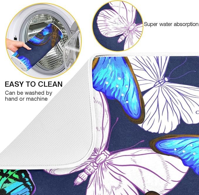 Absorbent Dish Drying Mat for Kitchen Counter - Blue Butterfly Microfiber Drying Pad, Reversible Drainer Mats for Countertop, Large 18" x 24"