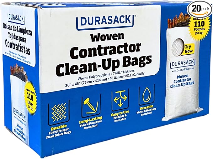 DURASACK Contractor Bags Heavy Duty 40-Gallon Reusable White Woven Polypropylene Contractor Garbage Bags, Pack of 20