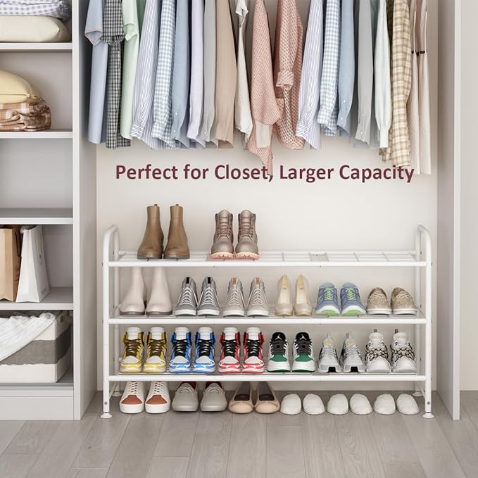 LINZINAR Shoe Rack Long 3 Tier Shoe Storage Organizer Metal Wide Shoe Shelf for Closet Entryway Bedroom 24 Paris Large Capacity, Black (White, 3-Tier)