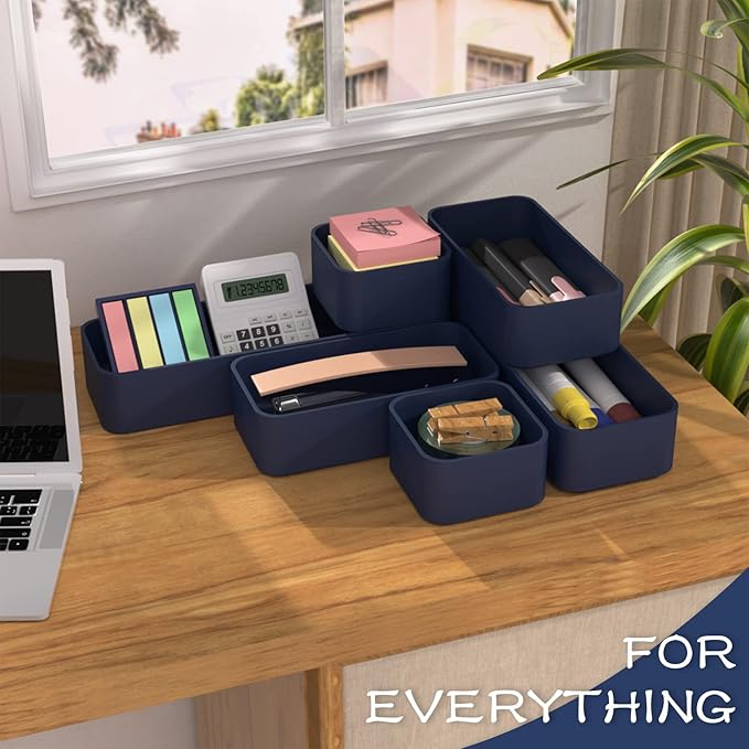 CHANCETSUI 6 PCS Stackable Drawer Organizers Set, Versatile Desk and Vanity Drawer Organizer Trays, Storage Bins for Makeup, Bathroom, Bedroom, Kitchen and Office, Blue-NeatNest
