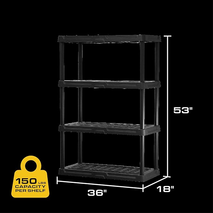 CX 4-Tier (53”H x 36”W x 18”D) Plastic Storage Shelving Unit (Black) 2 Pack, Heavy Duty, 150lbs Per Shelf Capacity, Indoor/Outdoor Storage Organization in Home, Garage, Office, Easy Assembly-NeatNest