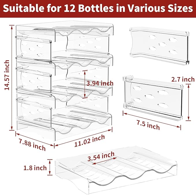 EZ COZY Wine Rack, 4 Tier Water Bottle Organizer for Cabinet, Stackable Clear Wine Holder for Pantry, Refrigerator, Countertop Organization (12 Bottles)