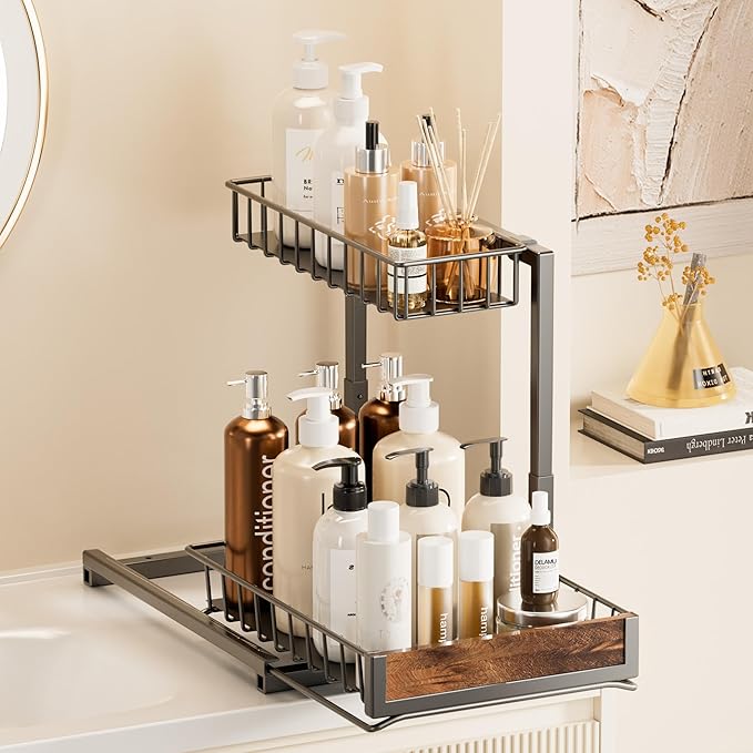 Delamu 2 Pack Under Sink Organizer and Storage, Height Adjustable Under Kitchen Sink Organizer, 2 Tier Pull Out Under Cabinet Organizer, Black Under Counter Storage for Kitchen Bathroom-NeatNest