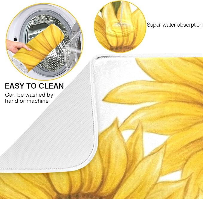 Absorbent Dish Drying Mat for Kitchen Counter - Yellow Sunflower Microfiber Drying Pad, Reversible Drainer Mats for Countertop, Small 16" x 18"
