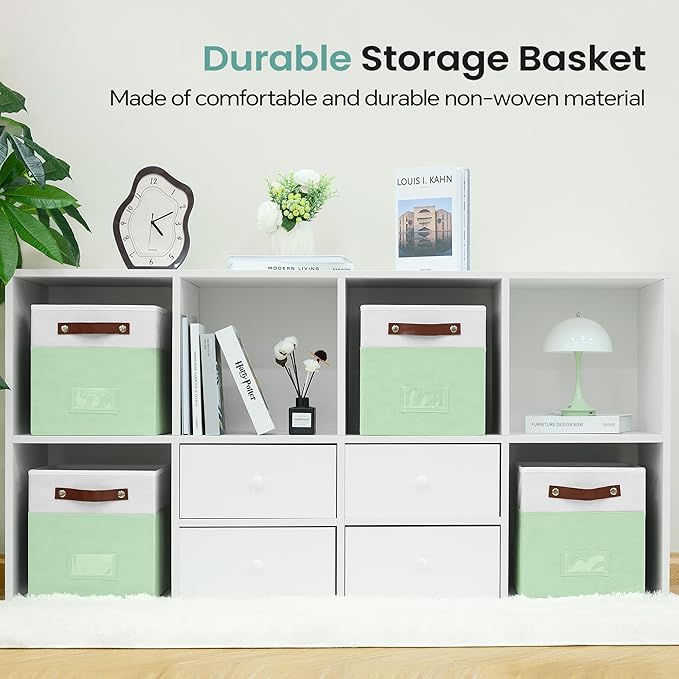 6-Pack Collapsible Fabric Storage Cubes with Handles & Label Holders, Closet Cube Home Organizer Bins (White/Sage Green, 10.5*10.5*11 inch)