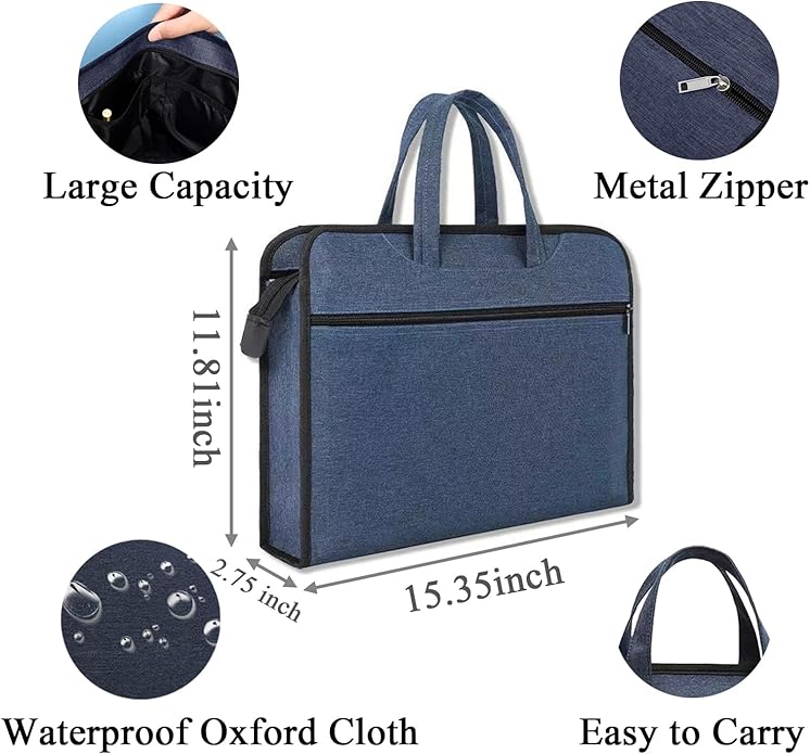 Oxford Document Bag with Handle Waterproof Lightweight Portable Zippered File Bag for Carrying Paper Files Filing Folder