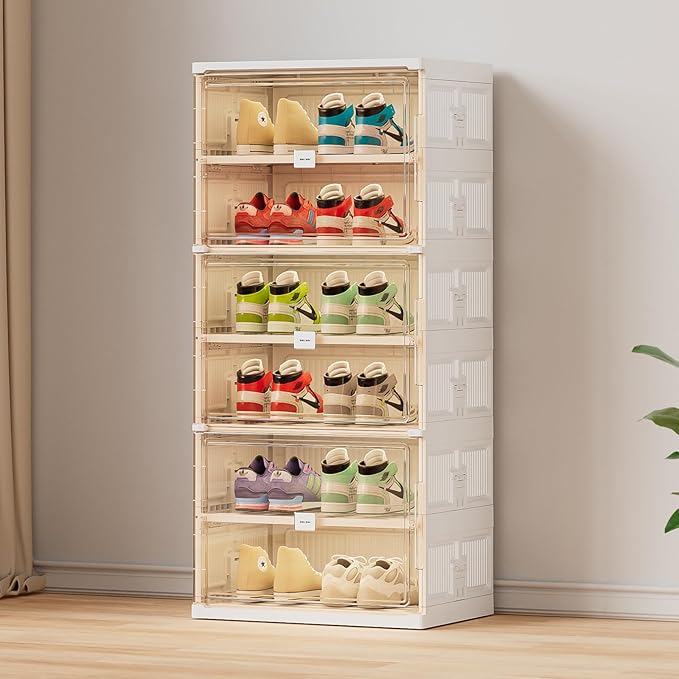 JEKO&JEKO 6 Tiers Foldable Shoe Rack Organizer Cabinet for Closet Entryway, Large Collapsible Shoe Storage Box with Magnetic Doors (White)-NeatNest