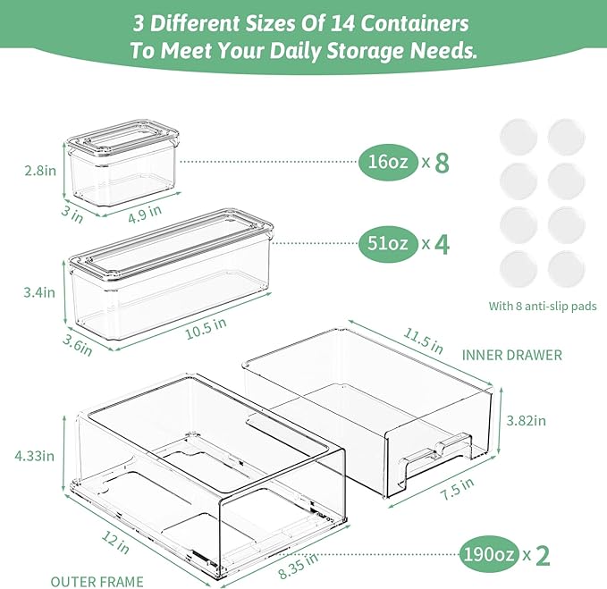 14Pack Fridge Organizer Bins, Clear Refrigerator Organizing Containers with Lids and Refrigerator Drawers, Stackable Food, Vegetable and Fruit Containers for Fridge Organizers and Storage