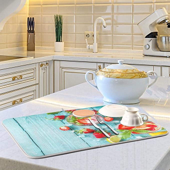Absorbent Dish Drying Mat for Kitchen Counter - Strawberry Blue Wooden Microfiber Drying Pad, Reversible Drainer Mats for Countertop, Large 18" x 24"